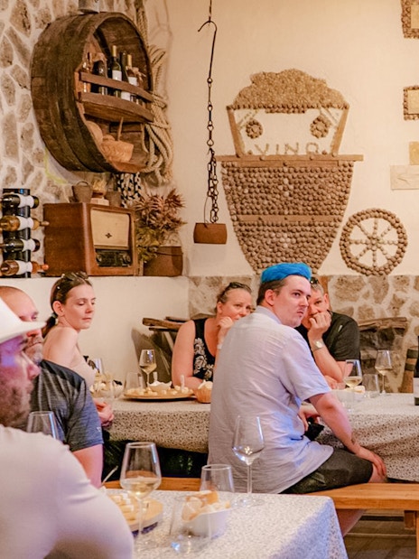 Tour guide explaining wine details to visitors at Krka National Park tasting room.