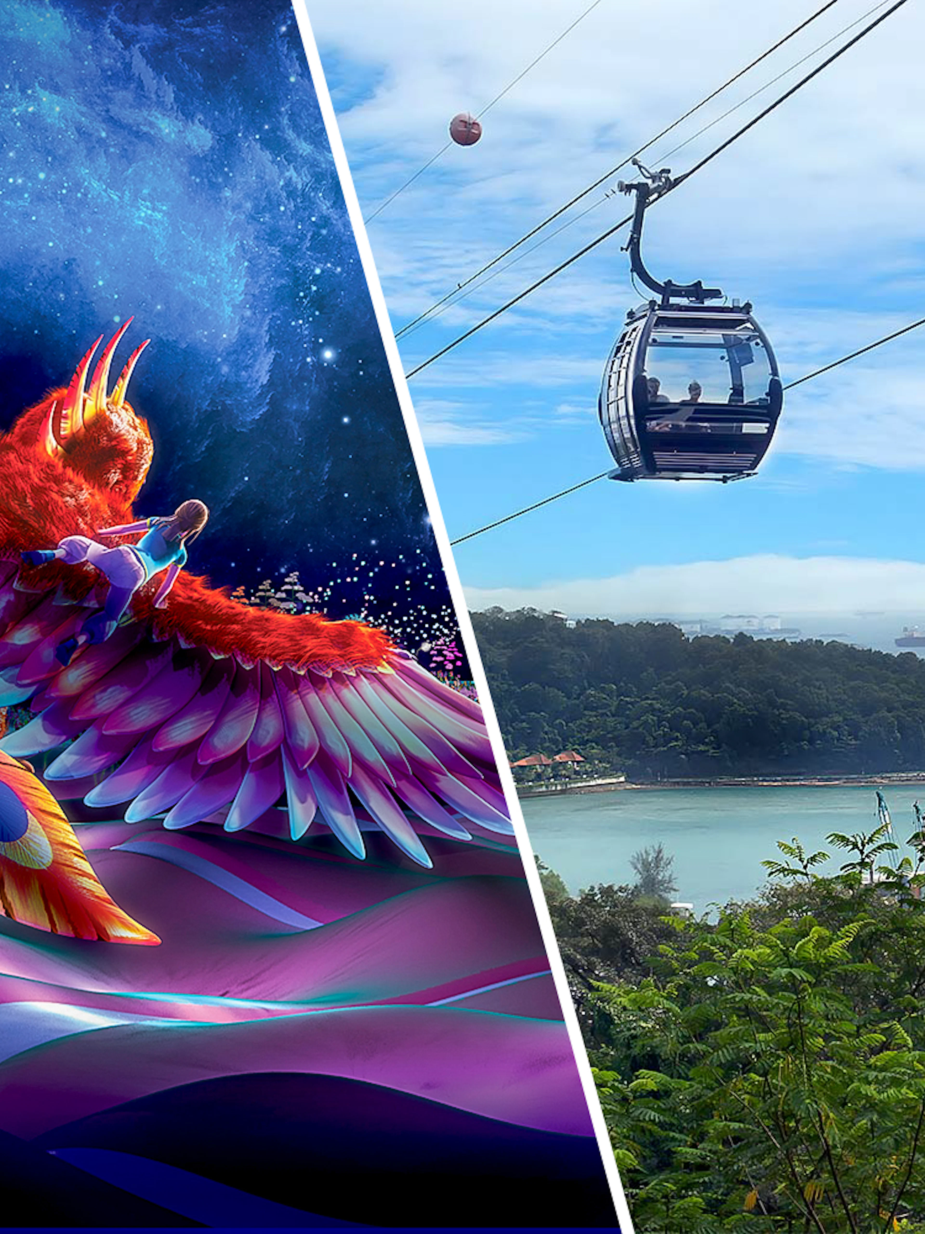 Singapore Cable Car over lush landscape and vibrant Wings of Time show with colorful bird and moon.