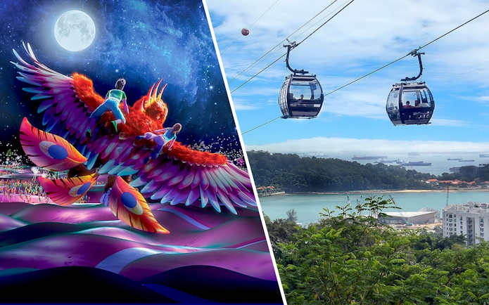 Singapore Cable Car over lush landscape and vibrant Wings of Time show with colorful bird and moon.