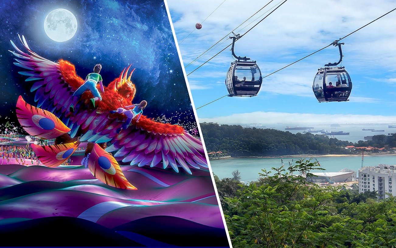 Singapore Cable Car over lush landscape and vibrant Wings of Time show with colorful bird and moon.