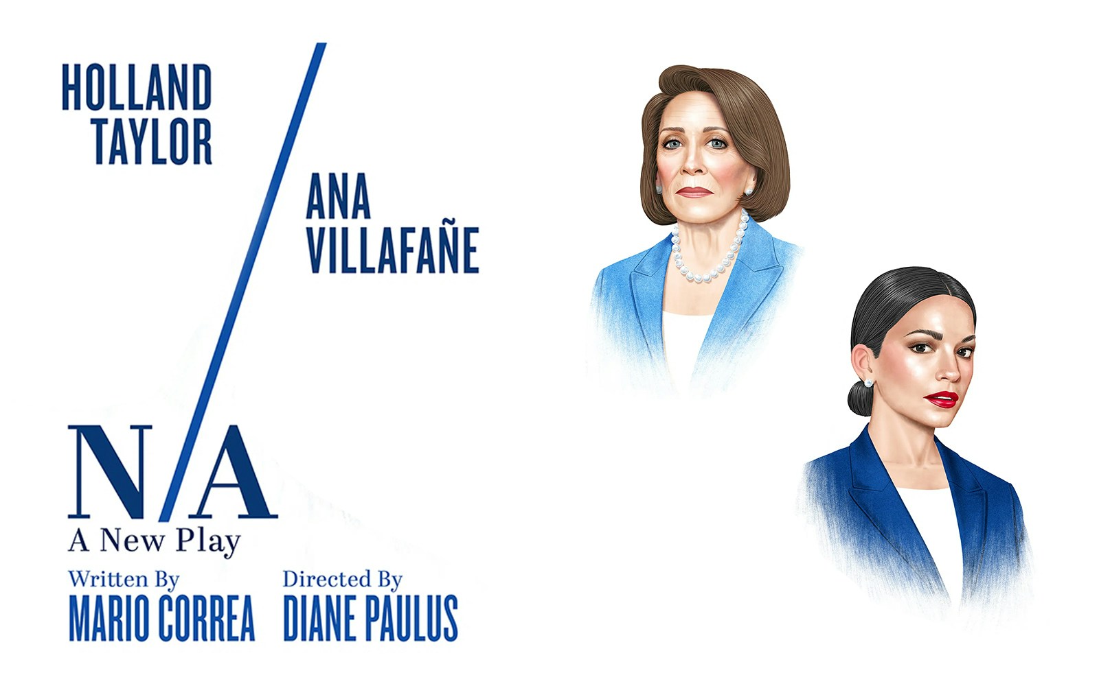 Illustration of two women in blue blazers for the play "N/A," written by Mario Correa.