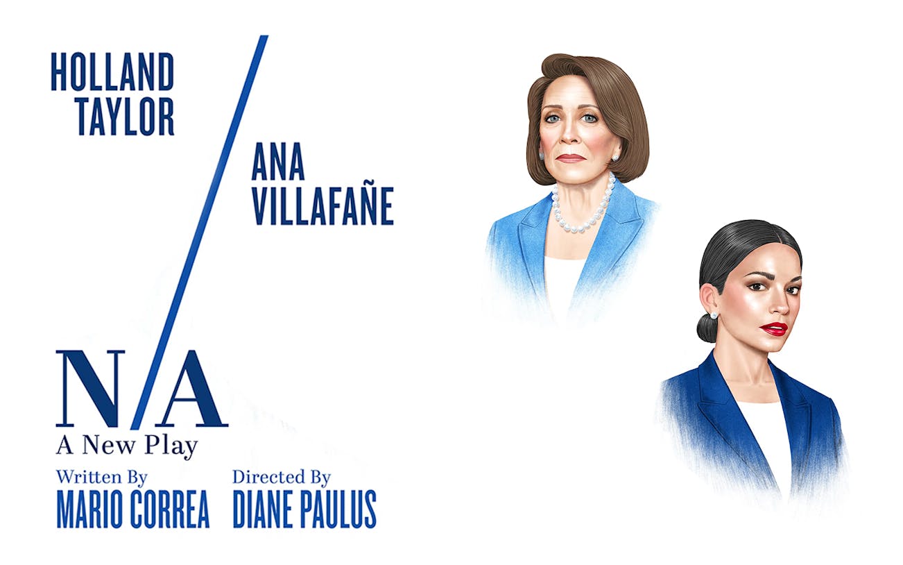 Illustration of two women in blue blazers for the play "N/A," written by Mario Correa.