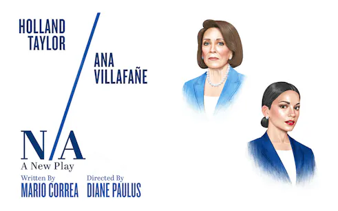 Illustration of two women in blue blazers for the play "N/A," written by Mario Correa.