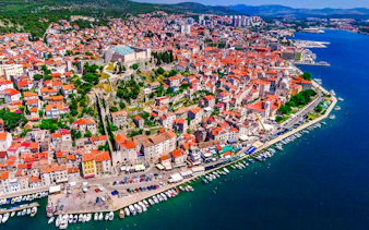 Aerial view of Šibenik's historic center and coastline, Croatia.