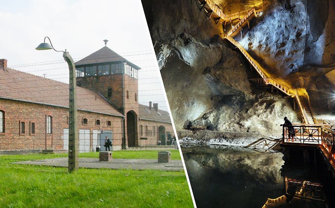 Auschwitz-Birkenau entrance and Wieliczka Salt Mine interior on guided tour from Kraków.