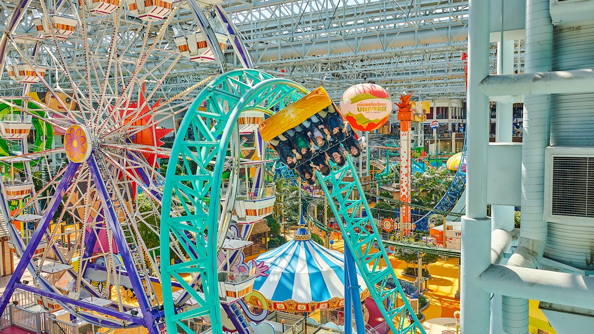 Guests on a roller coaster at Nickelodeon Universe, Mall of America.