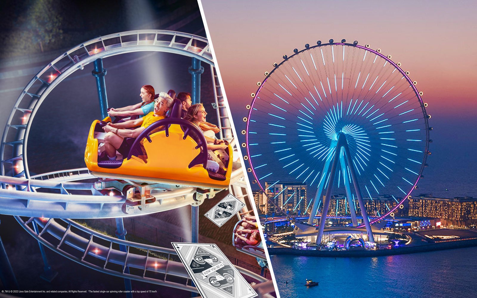 Ain Dubai illuminated at night with a roller coaster ride in the foreground.