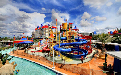 Colorful water park with slides and pools at Legoland Malaysia Resort.