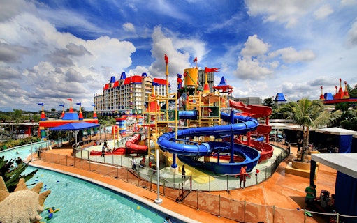 Colorful water park with slides and pools at Legoland Malaysia Resort.