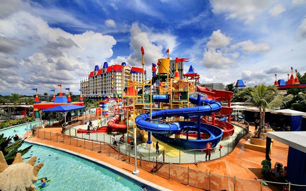 Colorful water park with slides and pools at Legoland Malaysia Resort.