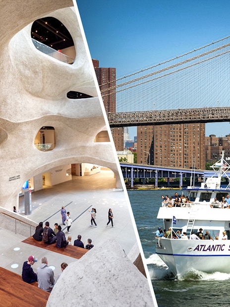 American Museum of Natural History interior and NYC sightseeing cruise near Brooklyn Bridge.