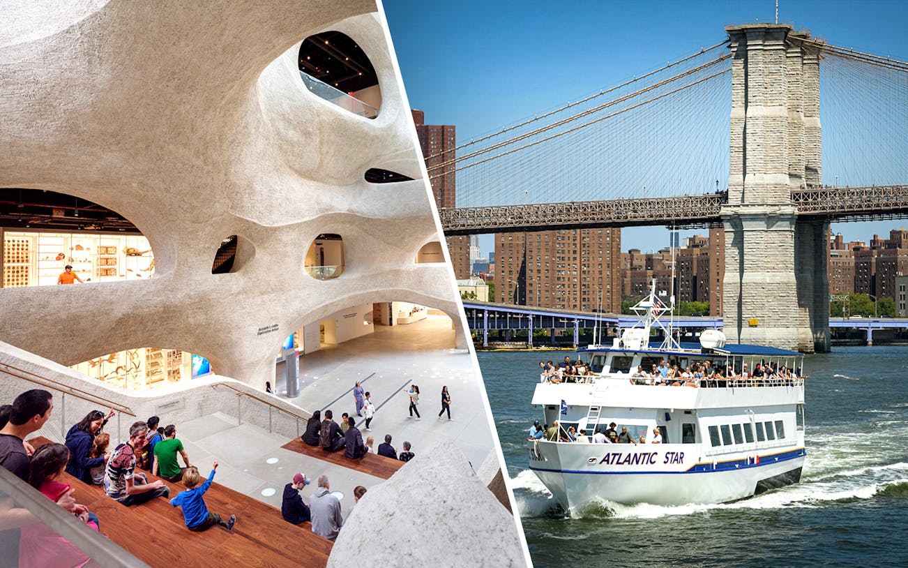 American Museum of Natural History interior and NYC sightseeing cruise near Brooklyn Bridge.