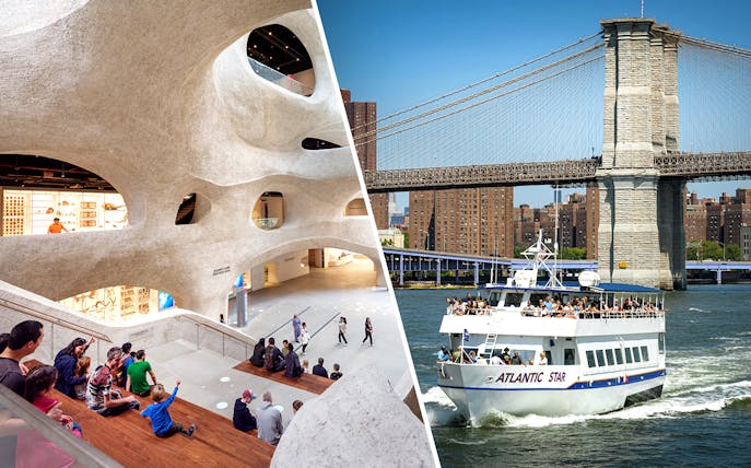 American Museum of Natural History interior and NYC sightseeing cruise near Brooklyn Bridge.