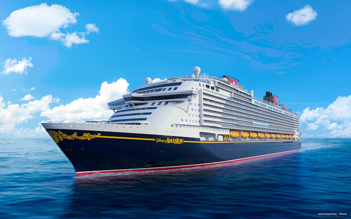 Disney cruise ship sailing at sea, part of the Disney Adventure Cruise from Singapore.