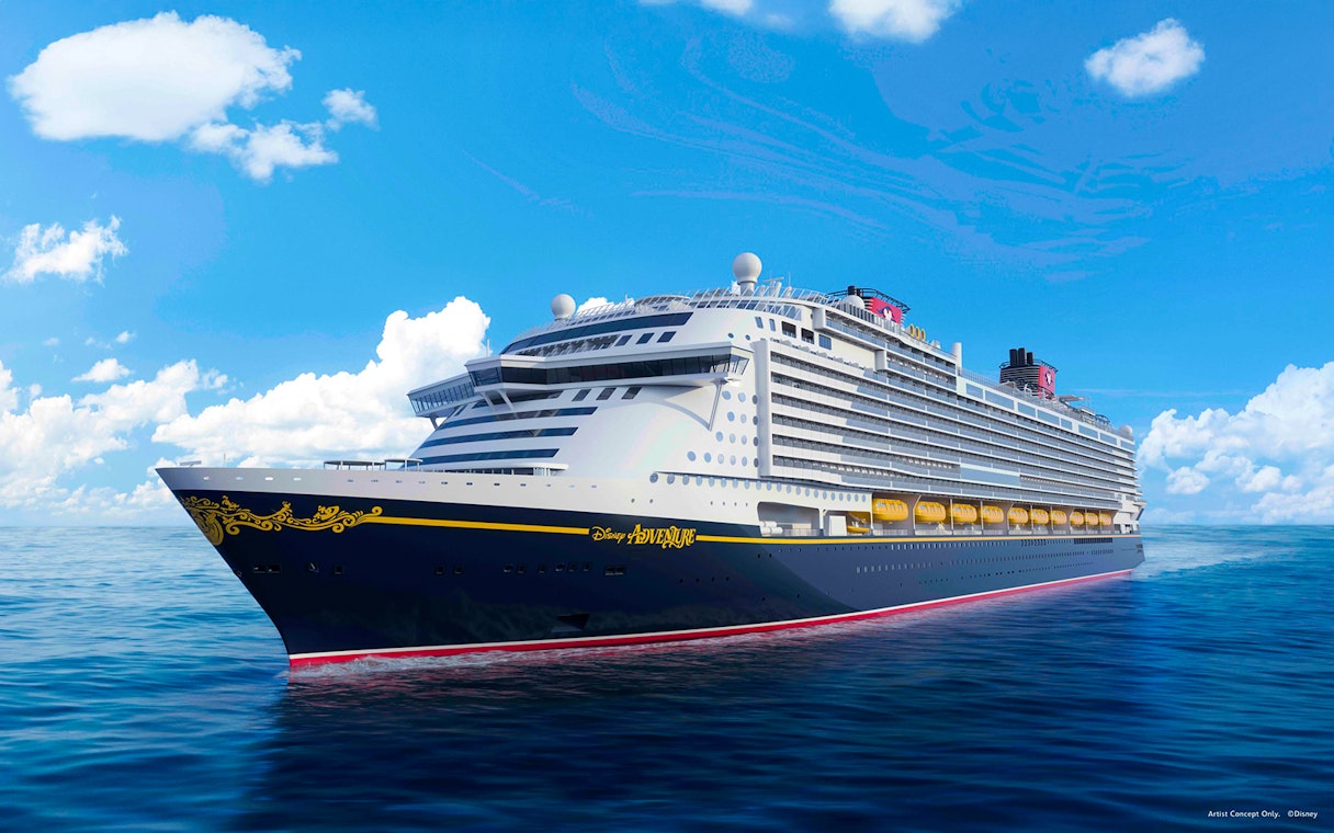 Disney cruise ship sailing at sea, part of the Disney Adventure Cruise from Singapore.