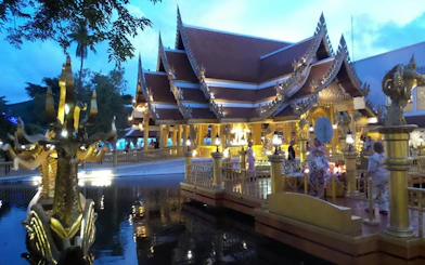 Phuket FantaSea Show entrance with ornate Thai architecture and visitors exploring.