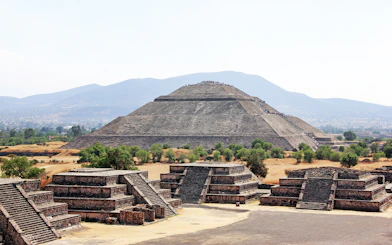 Teotihuacan Pyramid of the Sun with surrounding ruins, Mexico.