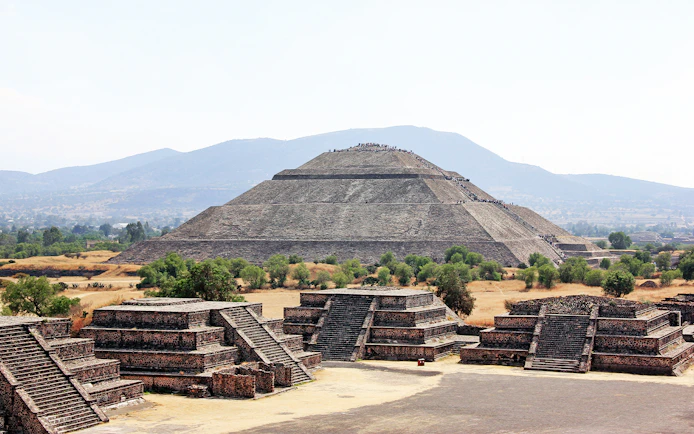 Teotihuacan Pyramid of the Sun with surrounding ruins, Mexico.