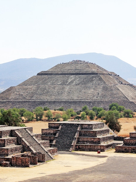 Teotihuacan Pyramid of the Sun with surrounding ruins, Mexico.
