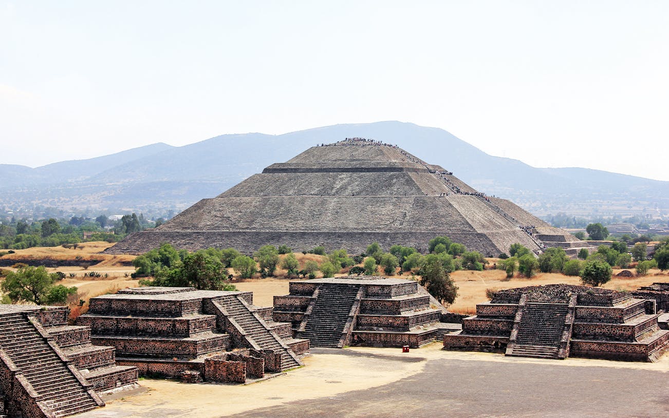 Teotihuacan Pyramid of the Sun with surrounding ruins, Mexico.