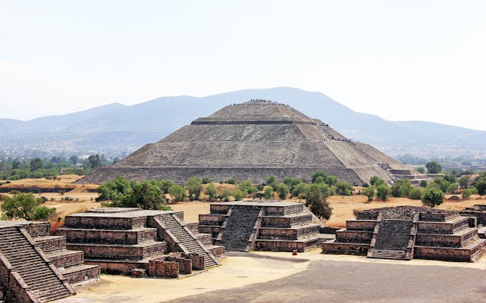 Teotihuacan Pyramid of the Sun with surrounding ruins, Mexico.