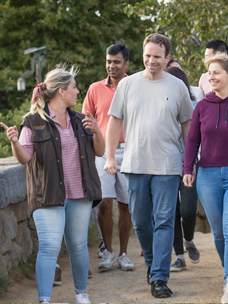 Tour guide leading group across stone bridge at Hobbiton Movie Set, surrounded by greenery.