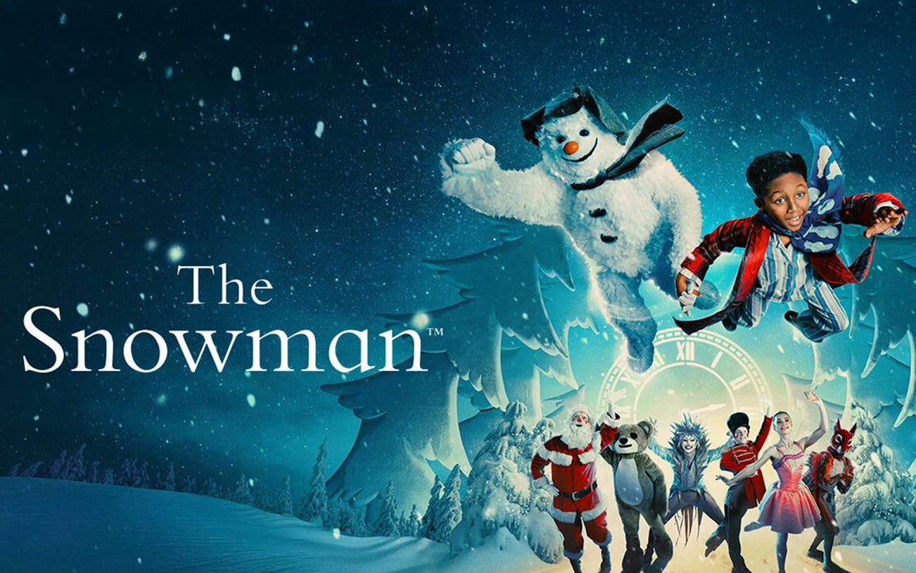 Snowman and child flying over snowy landscape with festive characters below.