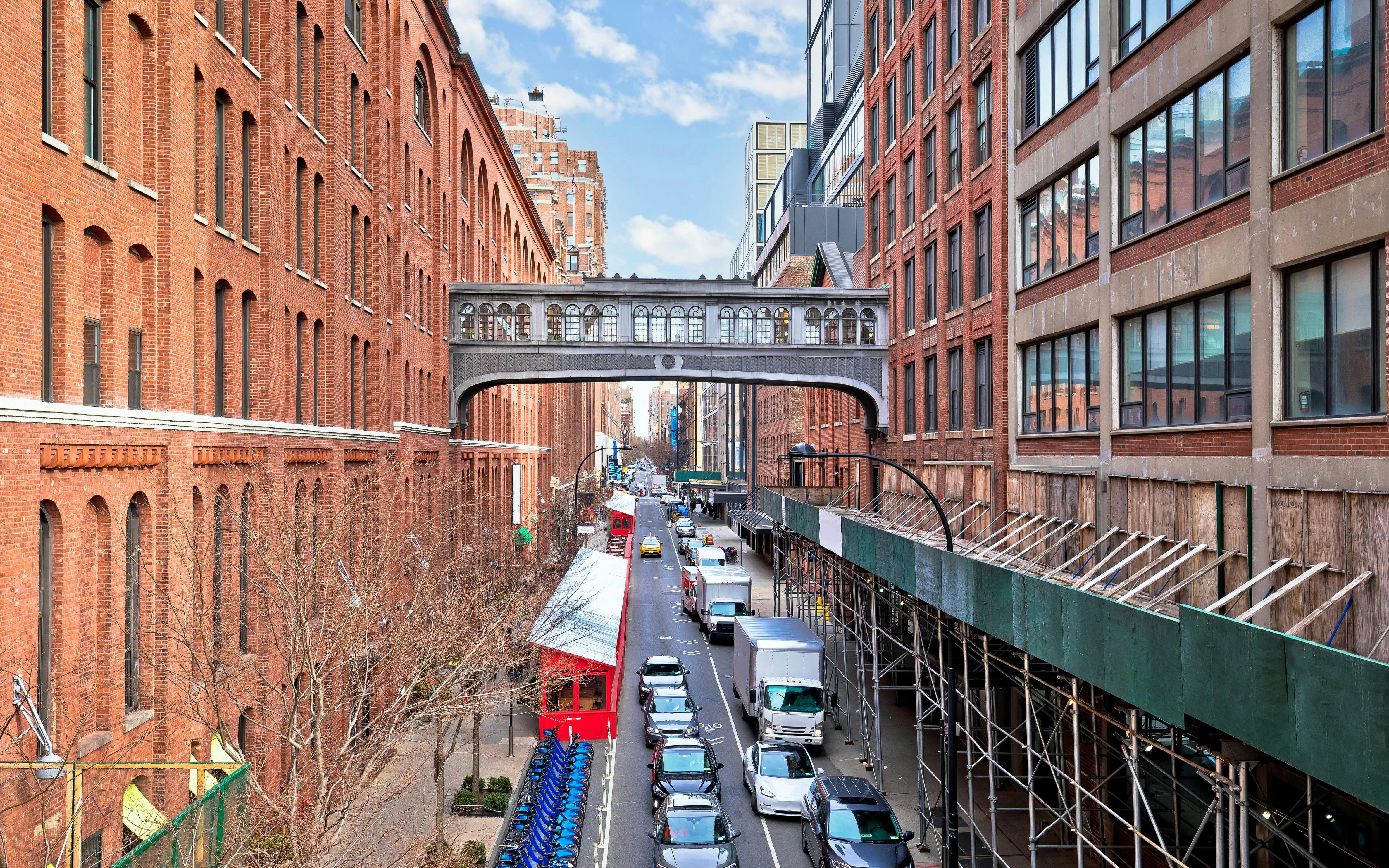 Chelsea Market view with elevated walkway over W15th Street, New York City.