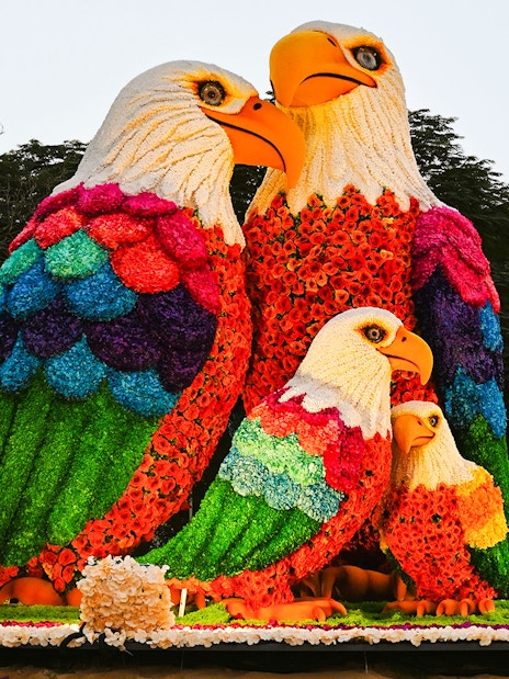 Floral eagle sculptures at Dubai Garden Glow with Dubai Frame in the background.