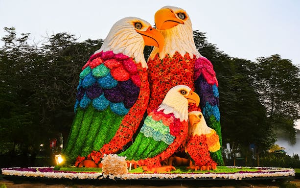 Floral eagle sculptures at Dubai Garden Glow with Dubai Frame in the background.