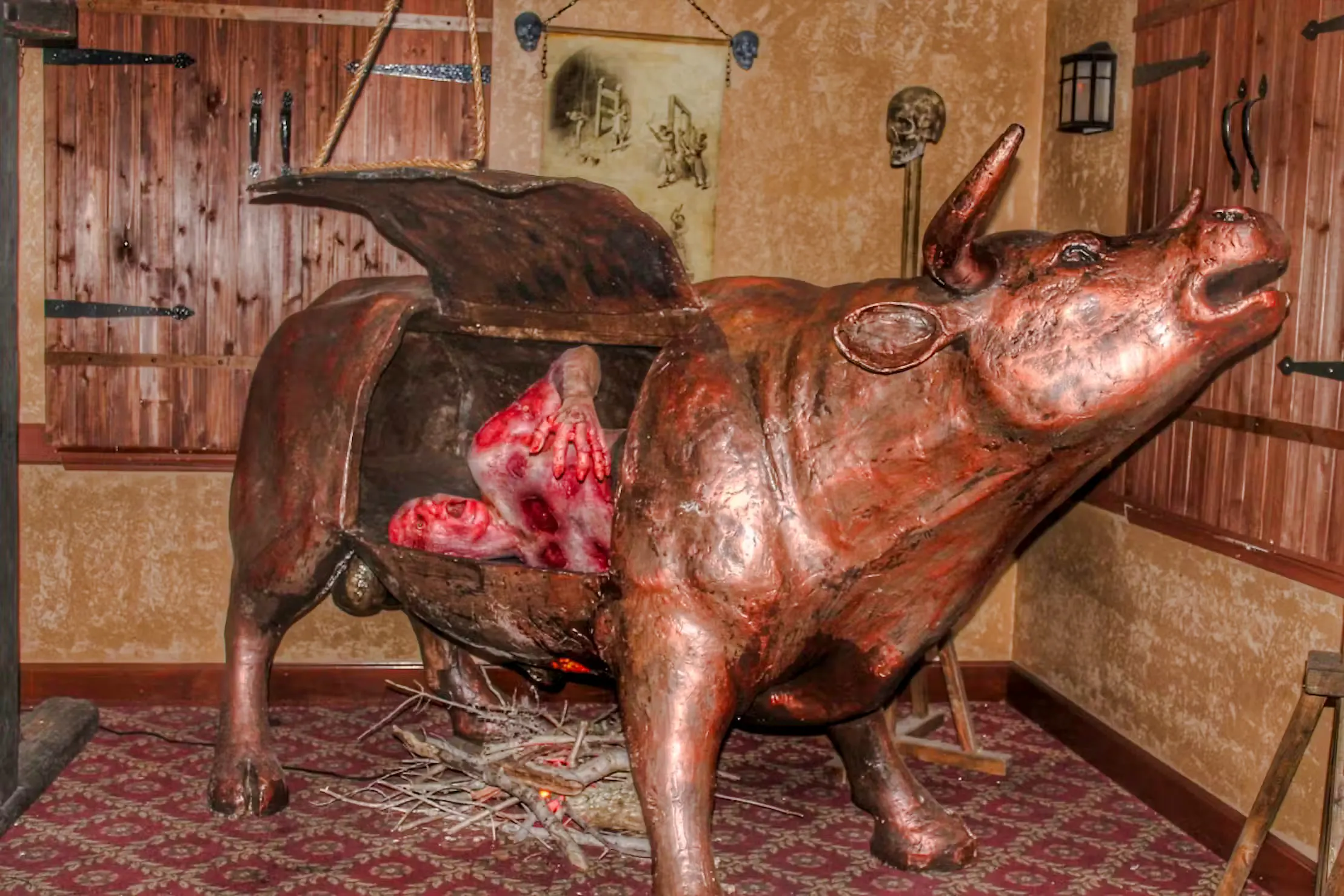 Bronze bull torture device exhibit at Medieval Torture Museum, Chicago.