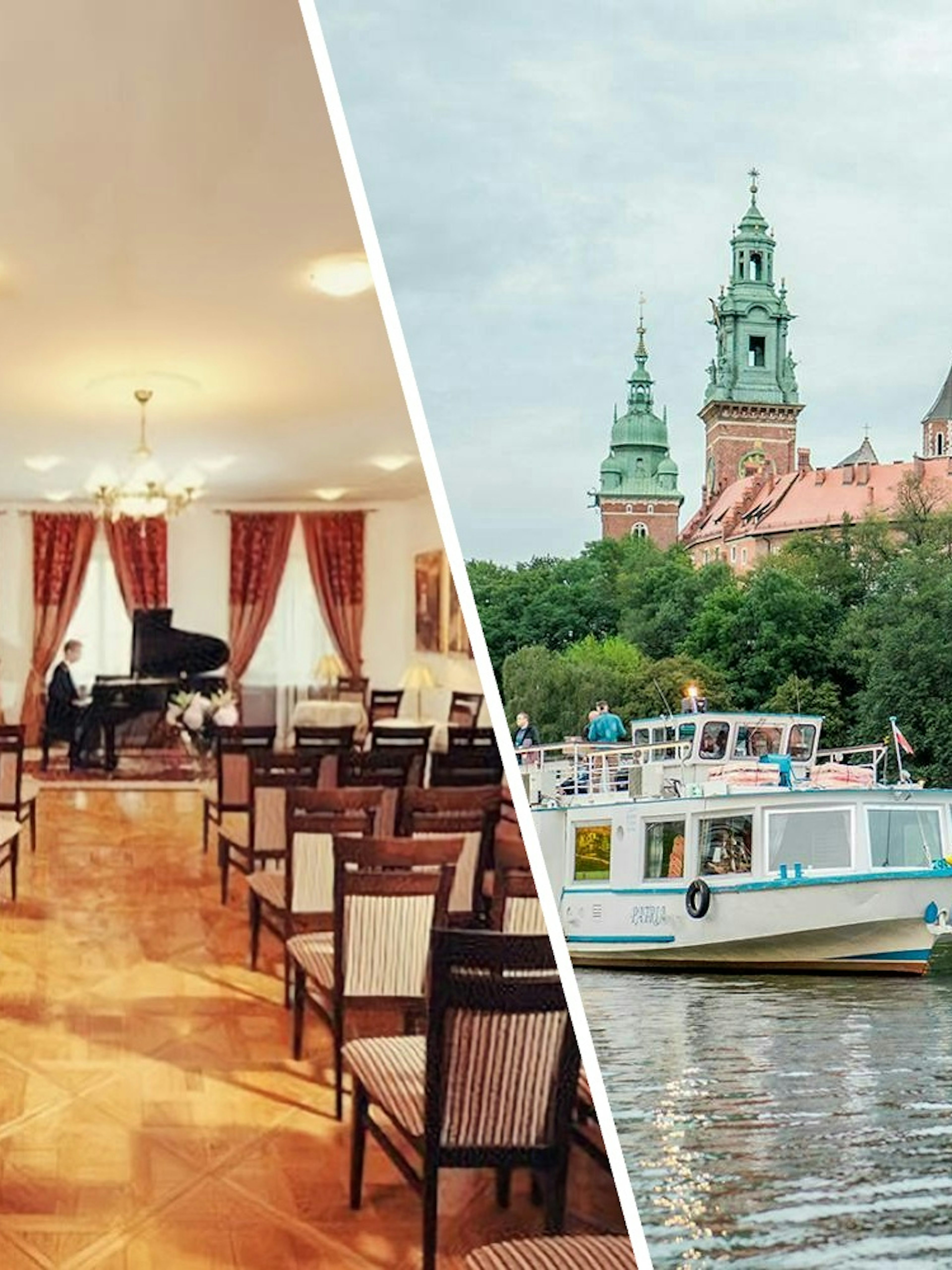 Chopin piano concert hall and Vistula River cruise boat near historic building in Warsaw.