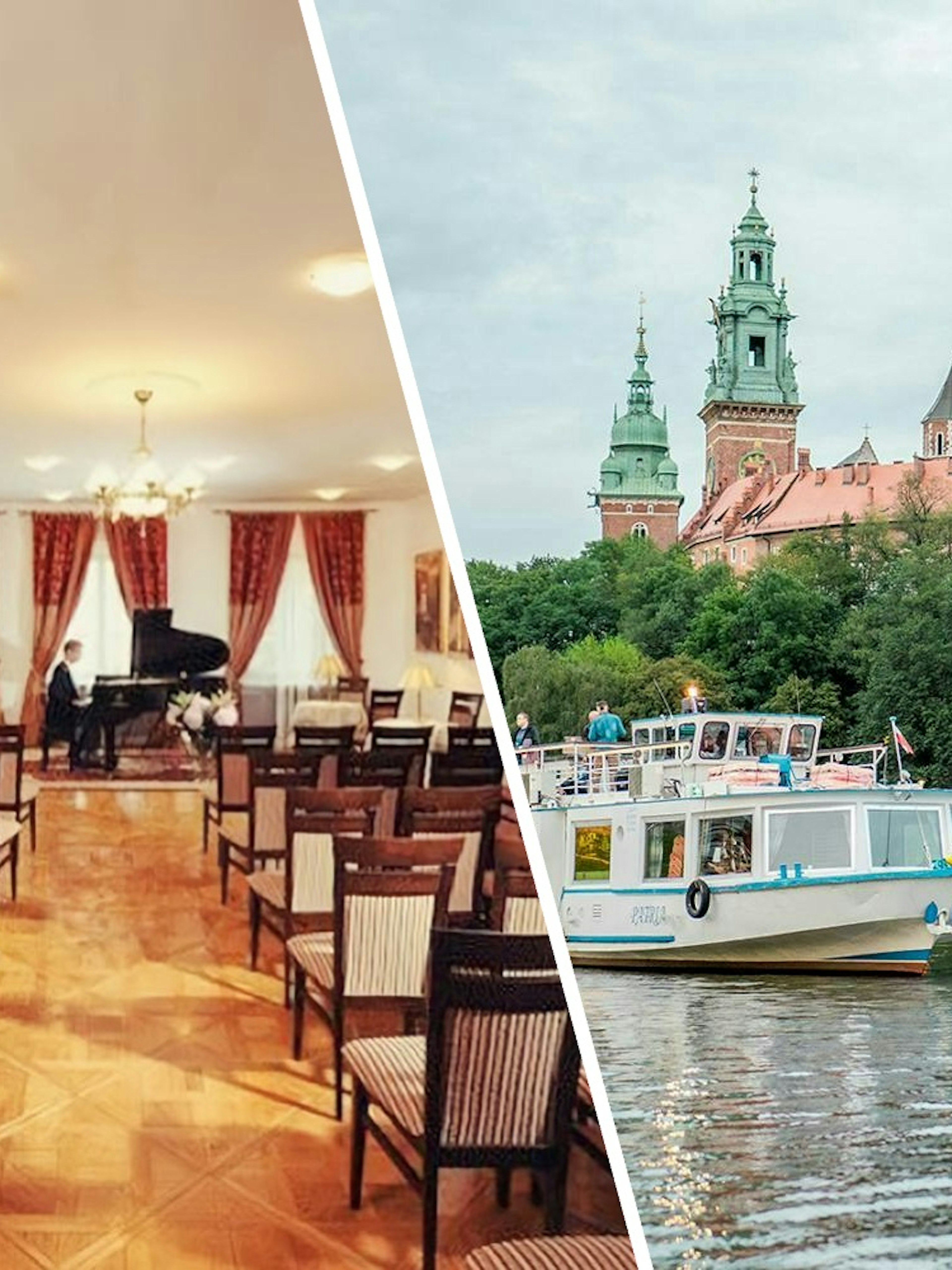 Chopin piano concert hall and Vistula River cruise boat near historic building in Warsaw.