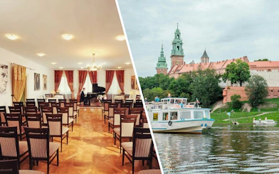 Chopin piano concert hall and Vistula River cruise boat near historic building in Warsaw.