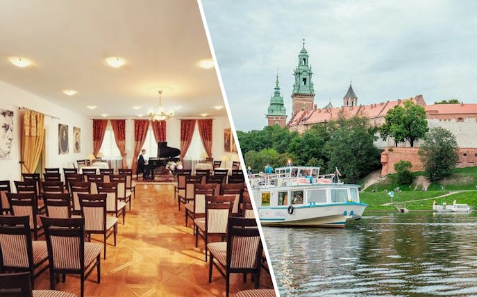 Chopin piano concert hall and Vistula River cruise boat near historic building in Warsaw.