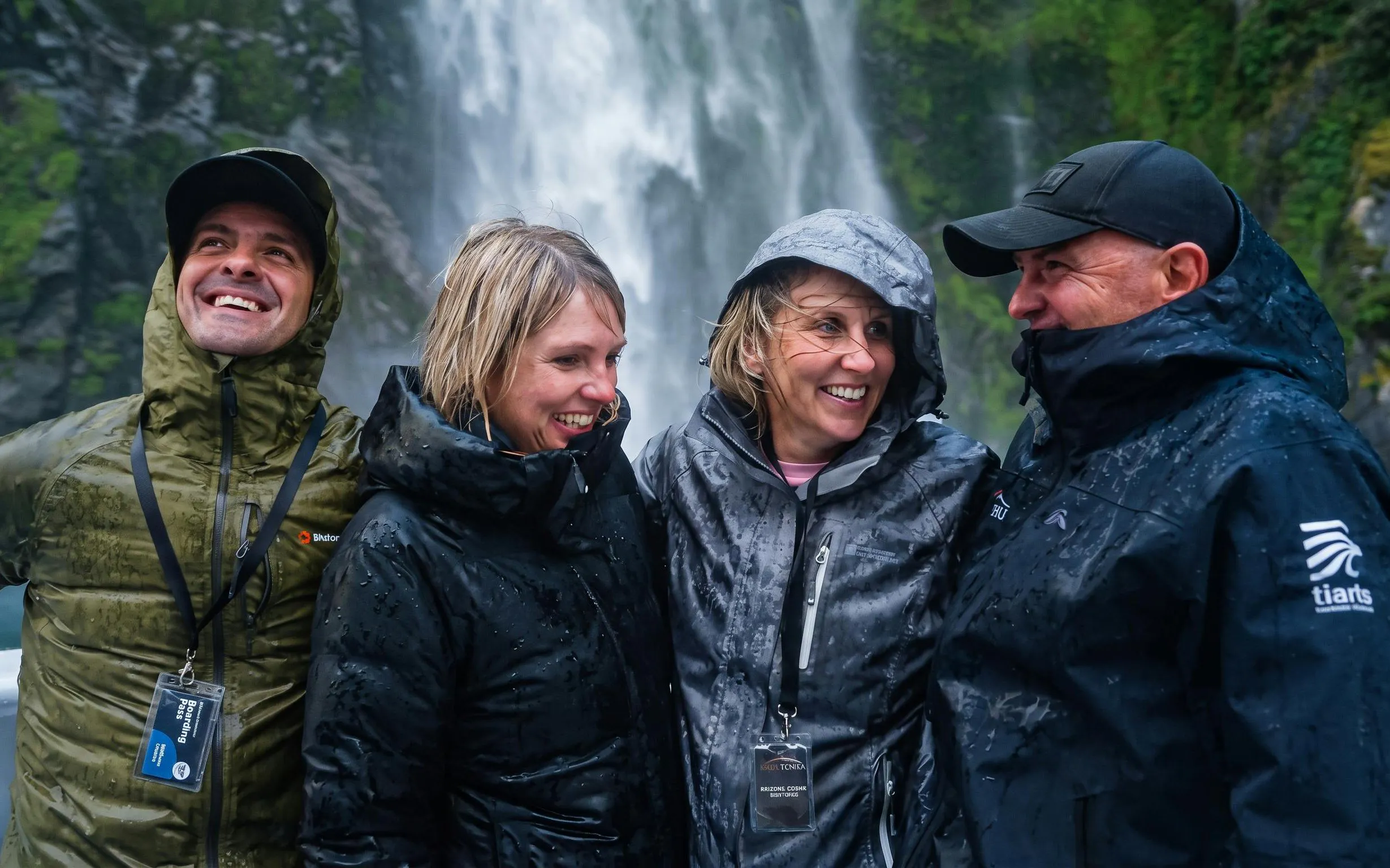 Tourists enjoying Milford Sound waterfall on a rainy day during Te Anau departure.