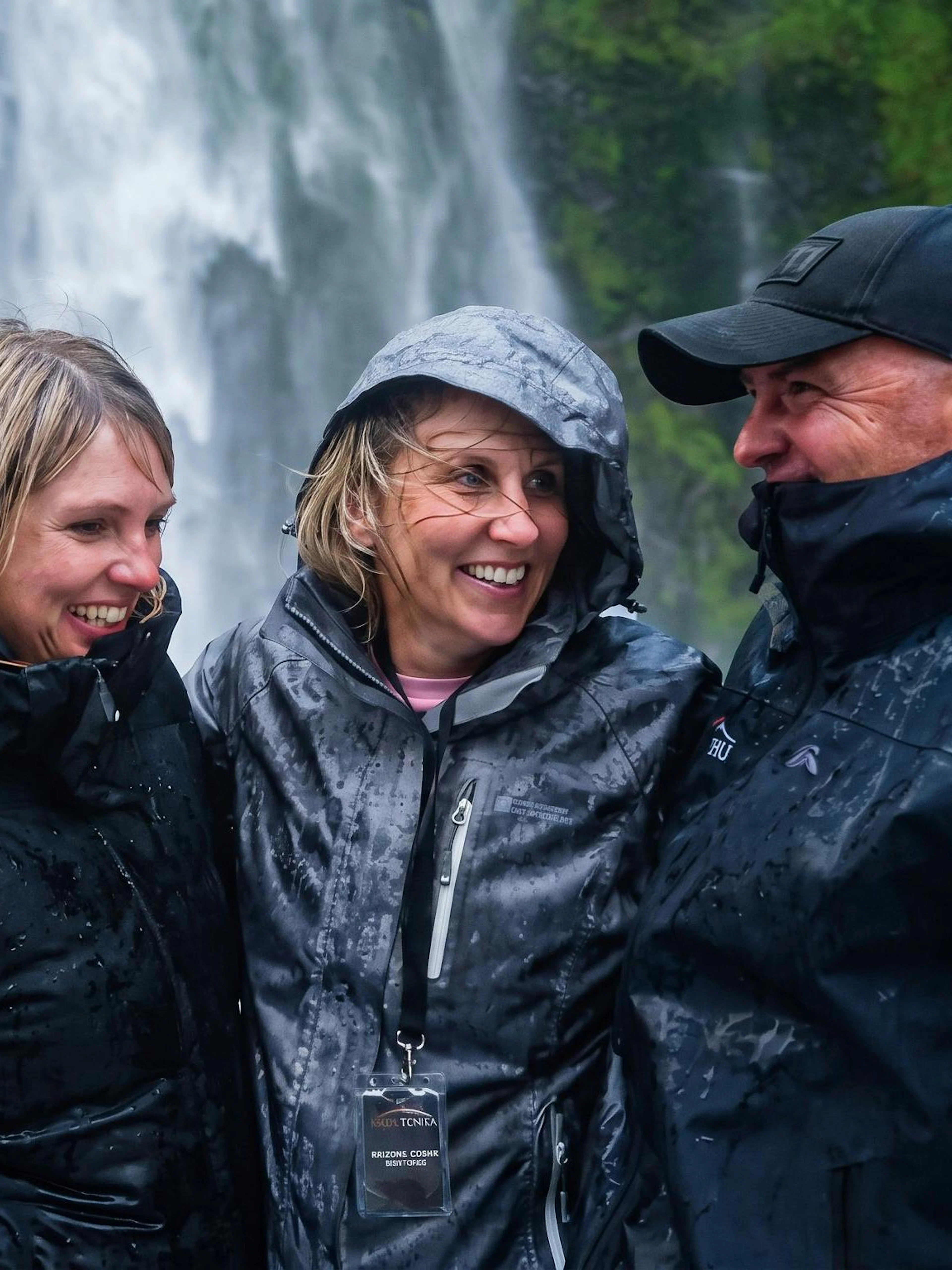 Tourists enjoying Milford Sound waterfall on a rainy day during Te Anau departure.