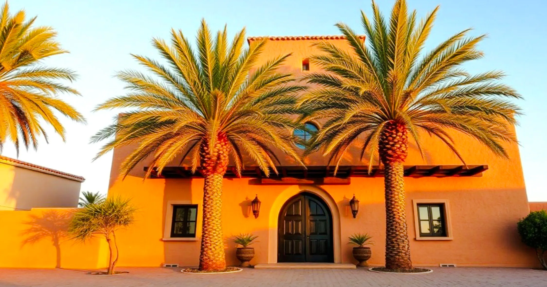 Terracotta building with palm trees at Jebel Irhoud Archaeological Site, Essaouira.