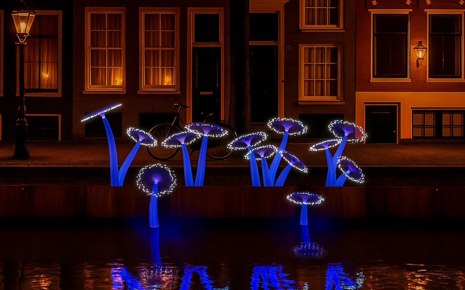 Illuminated art installation resembling mushrooms at Amsterdam Light Festival cruise.