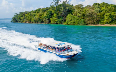 Speedboat cruising near lush island on Singapore Speedboat Adventure.