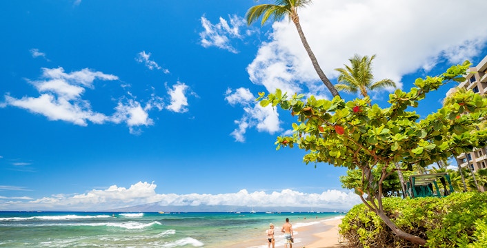 Kaʻanapali Beach in Maui with palm trees and people walking along the shoreline.
