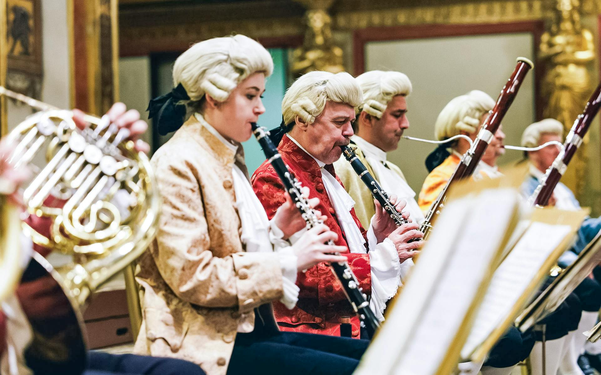 Musicians in period costumes performing at a Mozart orchestra concert.