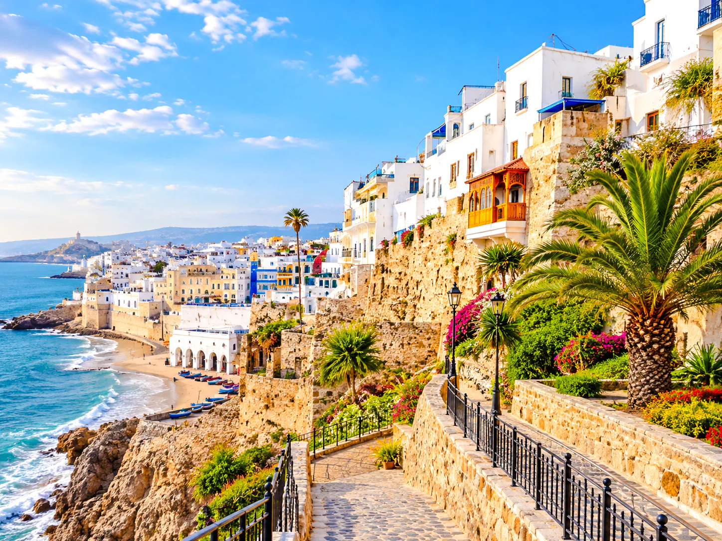 Tangier coastal view with historic Kasbah, vibrant buildings, and Mediterranean Sea.