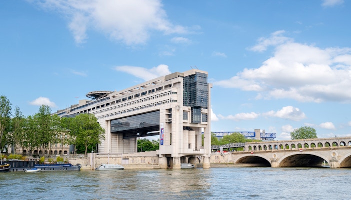 Bercy Bridge and Ministry of Economy from Seine River Cruise, Paris.