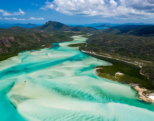 Aerial view of Whitehaven Beach's turquoise waters and sandbars, Whitsundays, Great Barrier Reef.