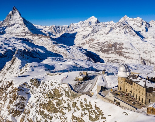 Aerial view of Gornergrat ridge and train station with Matterhorn peak in Zermatt, Switzerland.