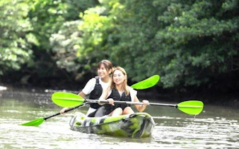 Two people canoeing through mangroves on Iriomote Barasu Island, Okinawa.
