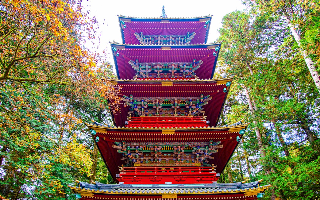 Five Storeys Pagoda at Toshogu Shrine surrounded by trees in Nikko, Japan.