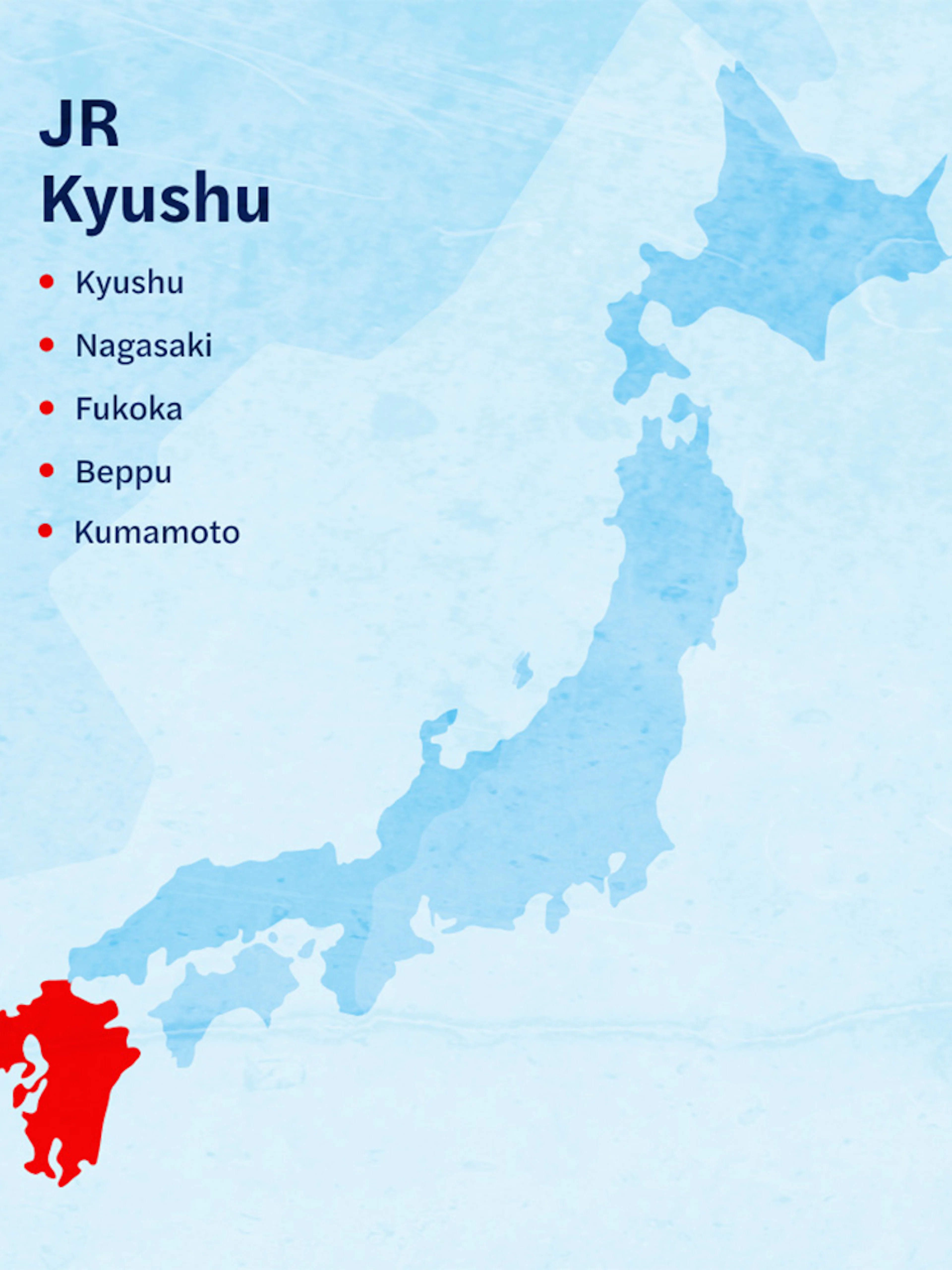 Map highlighting Kyushu region in Japan with cities for JR Kyushu Rail Pass.