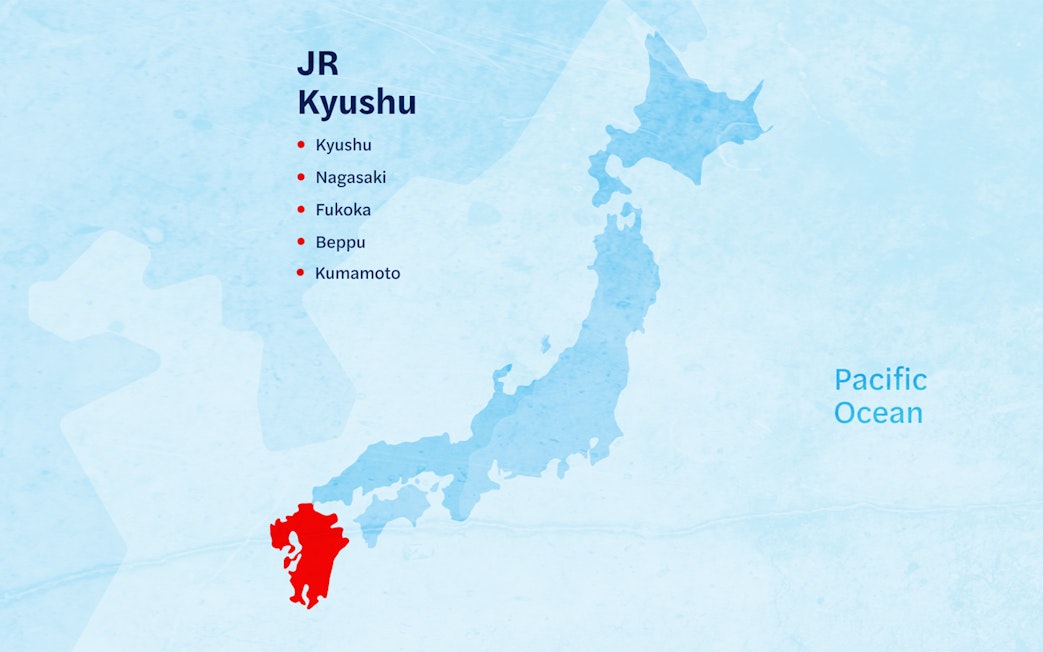 Map highlighting Kyushu region in Japan with cities for JR Kyushu Rail Pass.